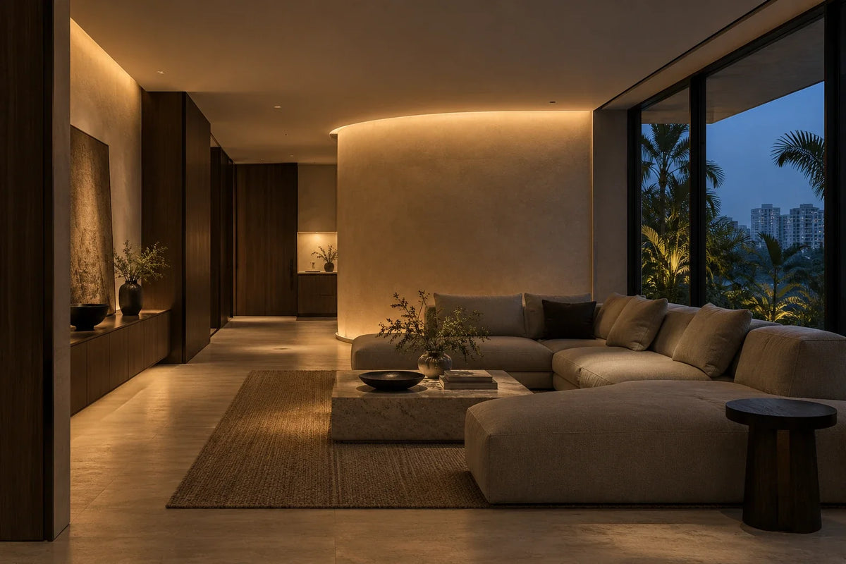 Illustrative evening interior with layered ceiling and concealed lighting; controls require separate compatibility checks.