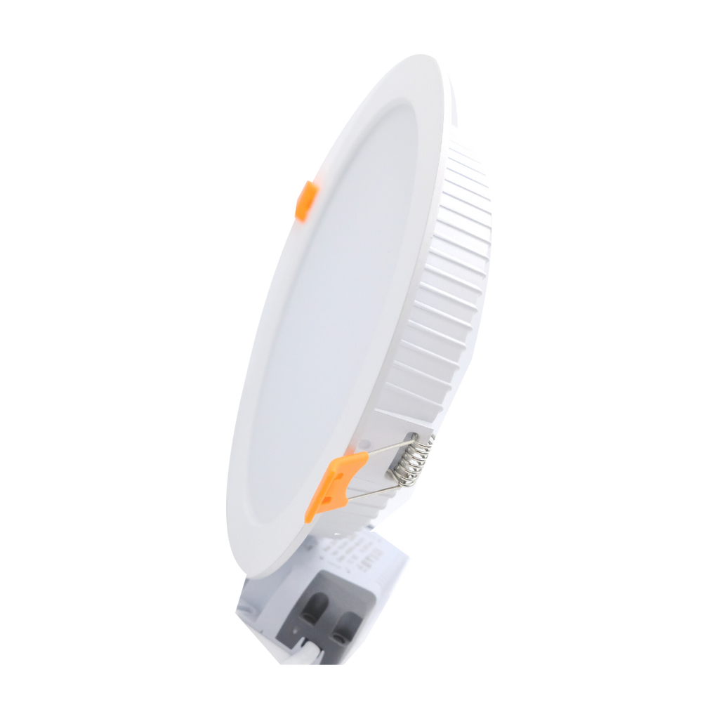 Creamy white round LED downlight and driver, shared side-view reference photograph.