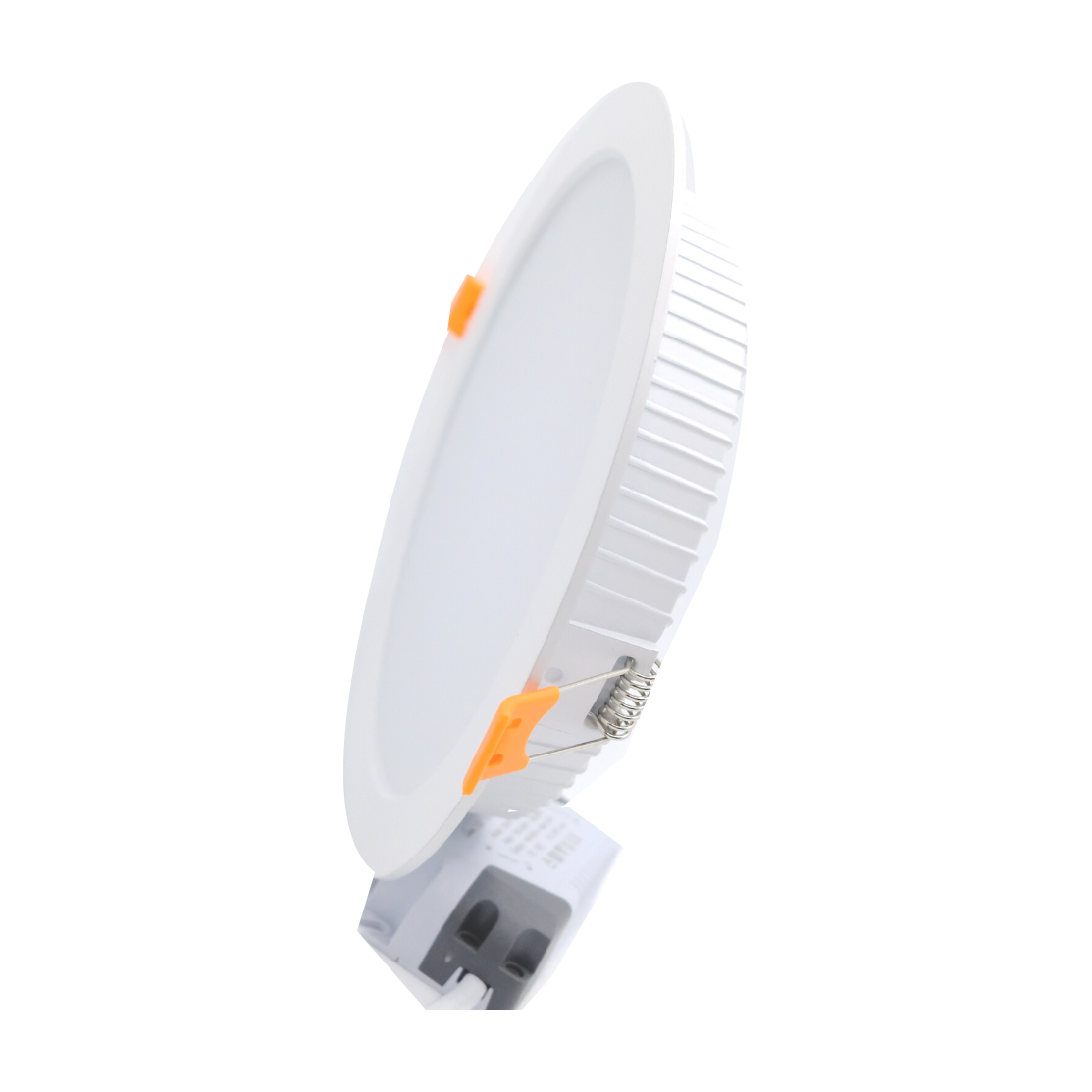 Creamy white round LED downlight and driver, shared side-view reference photograph.